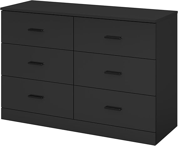 Panana Modern 6 Drawer Dresser for Bedroom, Wood Wide Chest of Drawers Floor Storage Lateral Drawer Cabinet Organizer with Metal Handles for Home Office (Black)