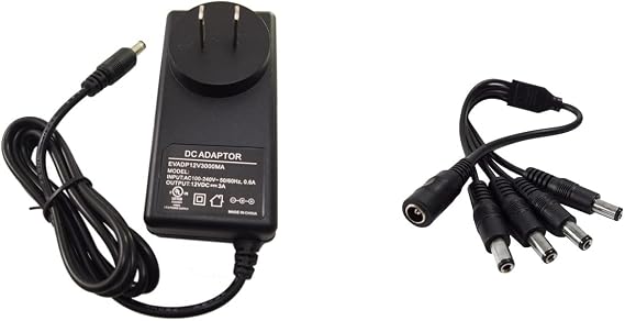 EVERTECH 12V DC 3A (3000mA) (100V-240V AC/DC 12V) with 1 to 4 Splitter Power Splitter (4 Port), UL Certified Power Adapter for CCTV Security Cameras and RGB LED Strip Lights