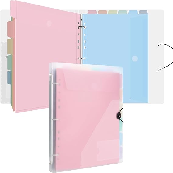 Uquelic A4 Ring Binder Organiser with 12 Pcs Punched Pockets - Upgraded Folders for Paperwork, Popper Wallets Folder Organiser for Home Office (Transparent Macaron)
