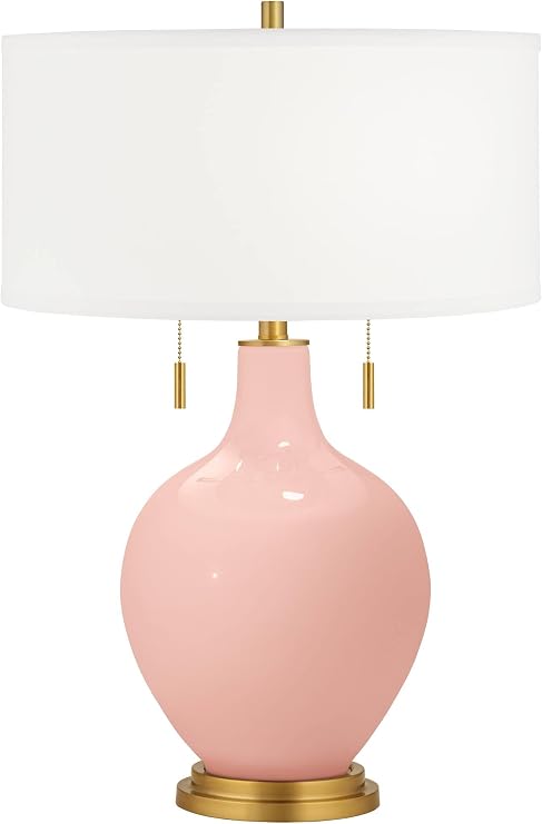 Color + Plus Toby 28" Tall Modern Glass Table Lamp Pull Chain Rose Pink Gold Brass Accents Finish Single Fabric White Shade Living Room Bedroom Bedside Nightstand House Office Home Reading Kitchen