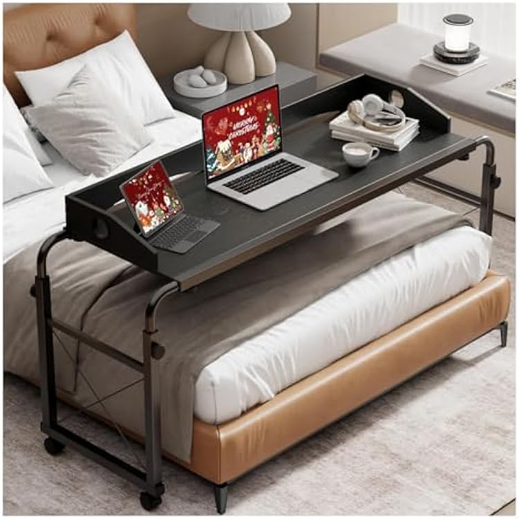 Overbed Table,Adjustable Height Laptop Workstation with Wheels Width 120-210 cm, Height: 65-95 cm for Home,Hospital or Office Use,Black