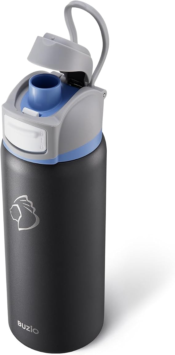 BUZIO 32 oz Water Bottle with Leakproof Locking Lid & Carry Loop, Dishwasher Safe, Triple Wall Vacuum Insulated Metal Water Bottle Chug Lid Thermos for Holiday Keep Cold 48H, 32oz, Dark Gray