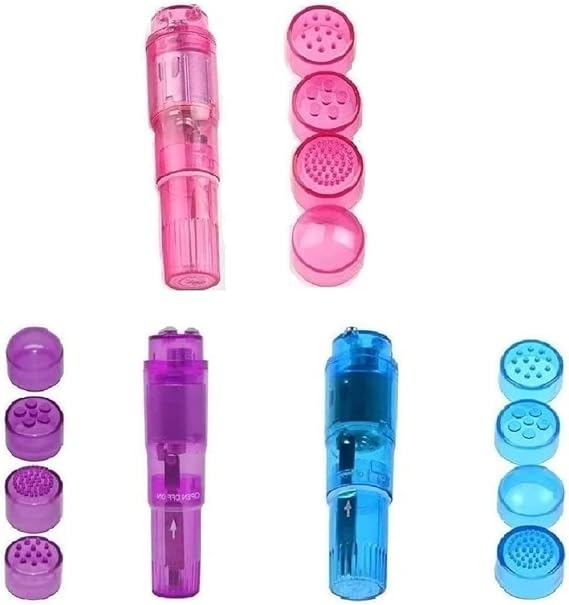 Small Mini Vibrating Massager Handheld Portable Tool for Women with 4 Heads Pocket Pen for Face Neck Head Back and Shoulder Pink Purple and Blue