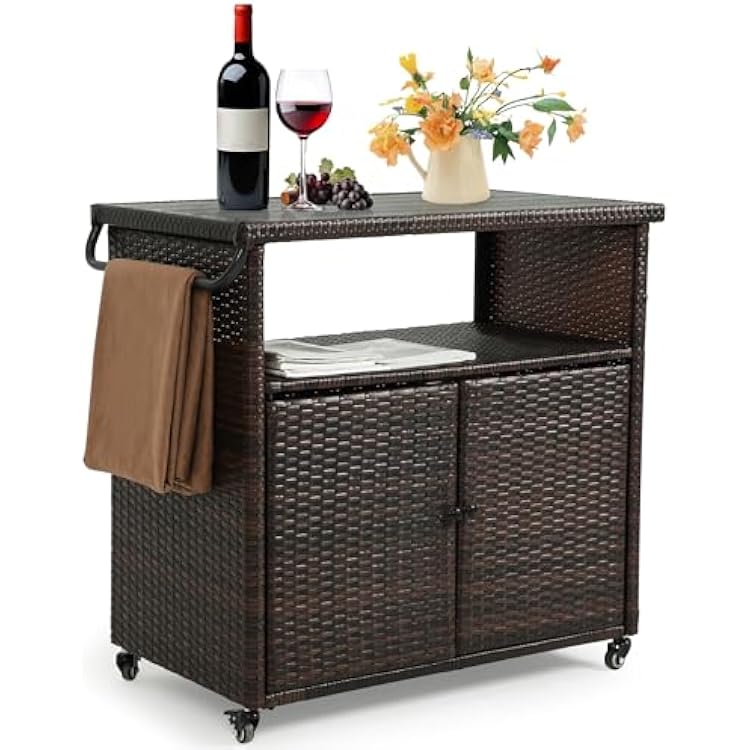 HOMEFUN Outdoor Grill Carts with Storage Cabinet - Outside Bar Cart with Wheels Wicker Patio Kitchen Island Table Weatherproof Prep Stand, Brown
