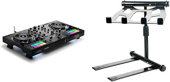 Hercules DJControl Inpulse 500: 2-deck USB DJ controller for Serato DJ and DJUCED (included) & Pyle Portable Folding Laptop Stand - Standing Table, Foldable Height and Four Prong Anti-Slip Tray