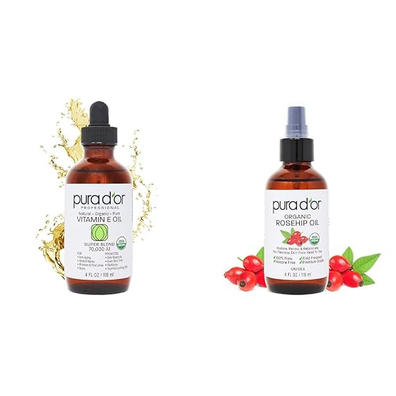 PURA D'OR 4 Oz Vitamin E Oil Blend 70,000 IU & Rosehip Seed Oil Hair Relaxer 100% Pure Cold Pressed USDA Certified All Natural Moisturizer For Anti-Aging, Acne Scar Treatment, Gua Sha Massage