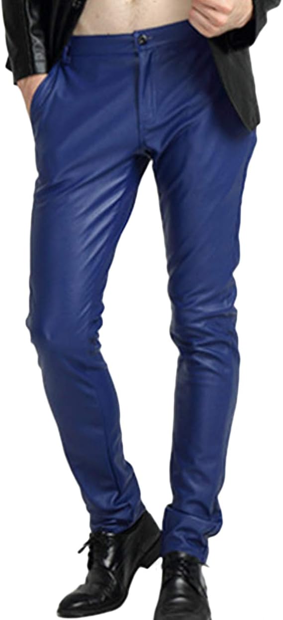 Yeokou Men's Faux Leather Pants Skinny Straight Leg Tapered Motorcycle Biker Pants PU Stretchy Trousers Streetwear