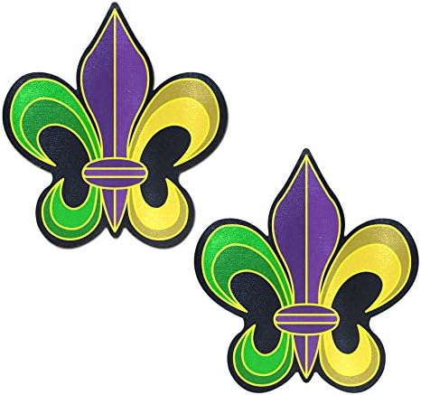 PASTEASE Mardi Gras Pasties - Fleur-de-lis: Purple, Yellow Green Mardi Gras Nipple Covers for Parades, Festivals & Lingerie | Halloween Costume Accessory | Waterproof, Latex Free & Made in USA