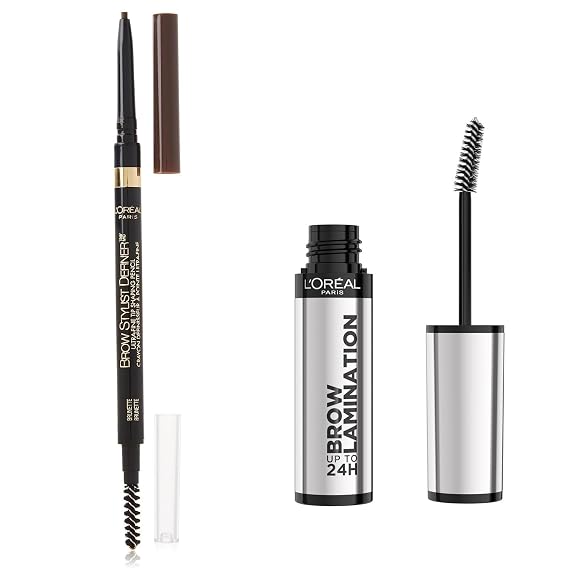 LOreal Paris Eyebrow Makeup Duo, Includes Brow Stylist Definer Brown Eyebrow Pencil and Infallible Brow Lamination Clear Brow Gel for Defined, Lifted Brows, 1 Kit