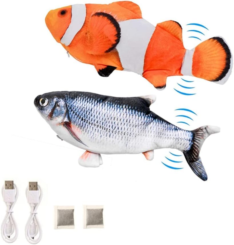 2 Pieces Electric Moving Fish, Cat Toy Realistic Flopping Fish with Catnip, Interactive Flapping Wagging Fish Kitten Kicker