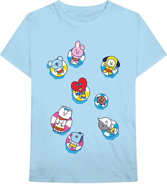 BT21 BTS Kpop Unisex Cotton Crew Neck Short Sleeves Tee Shirt (Bon Voyage Light Blue, Large)