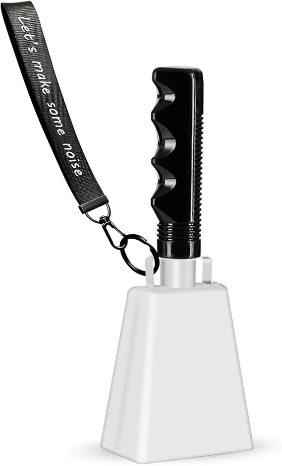 Cowbell Noise Makers with Handle and Wrist Strap 8 Inch Loud Steel Cheering Cow Bells for Sporting Events, Football Games, Parties, Concerts & More (White)