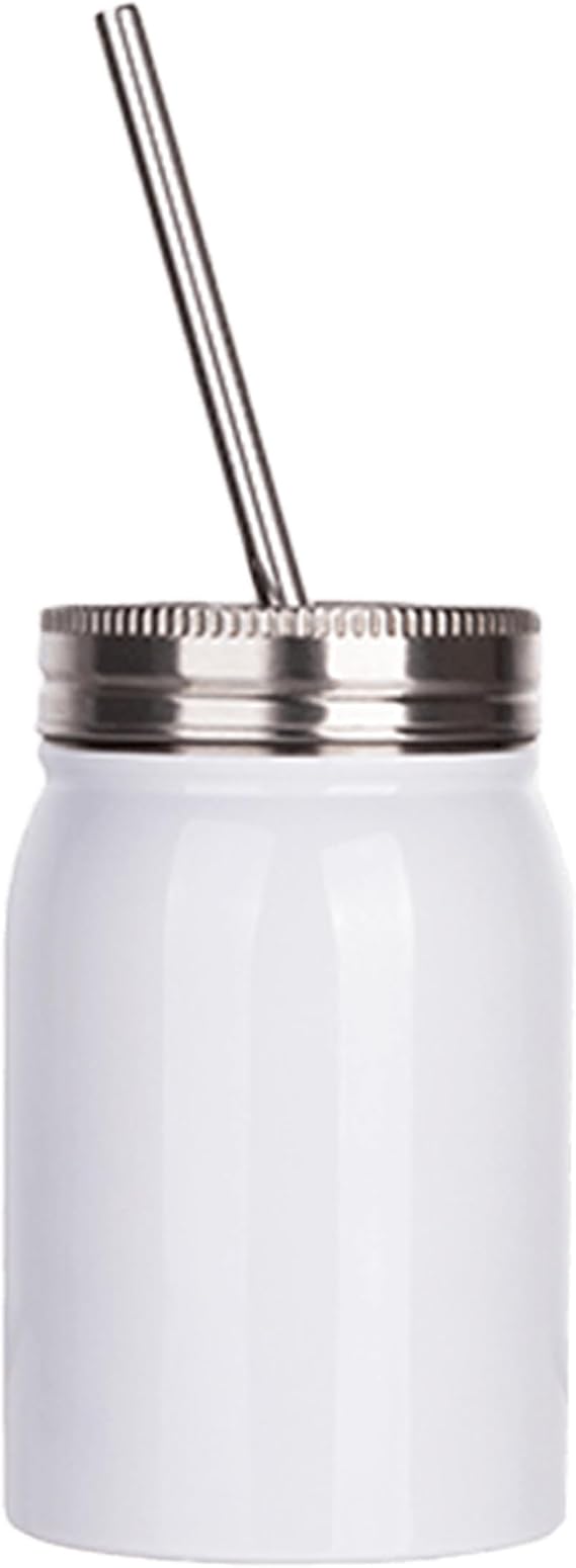 Johnson Plastics Plus JPPlus 17oz Sublimation Drinking Jar Cup Drinkware. Stainless Steel Jars with Lids and Straws. Perfect for Smoothies (White no Handle (Each))