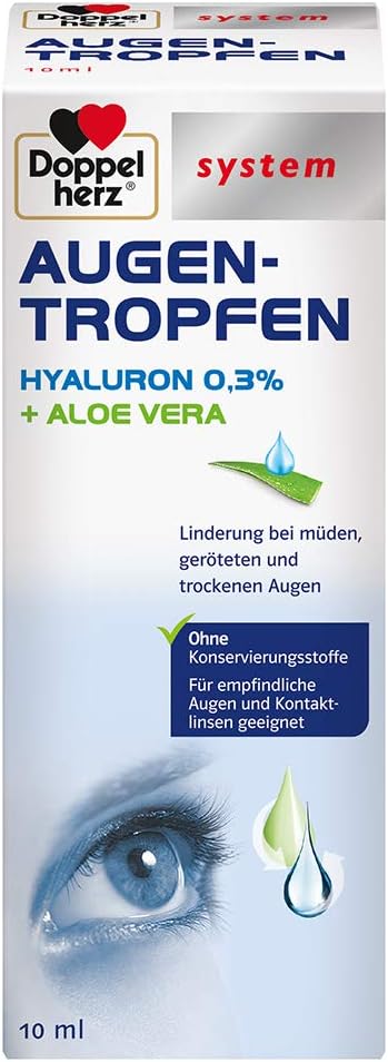 Doppelherz system AUGEN-TROPFEN HYALURON 03% + ALOE VERA – Linderung bei müden geröteten und trockenen Augen – 10 ml sterile Lösung