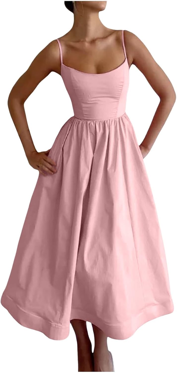 Womens Corset Dress Sexy Spaghetti Strap Bustier Midi Dress Low Cut Flowy Pleated Hem Formal Dresses with Pockets