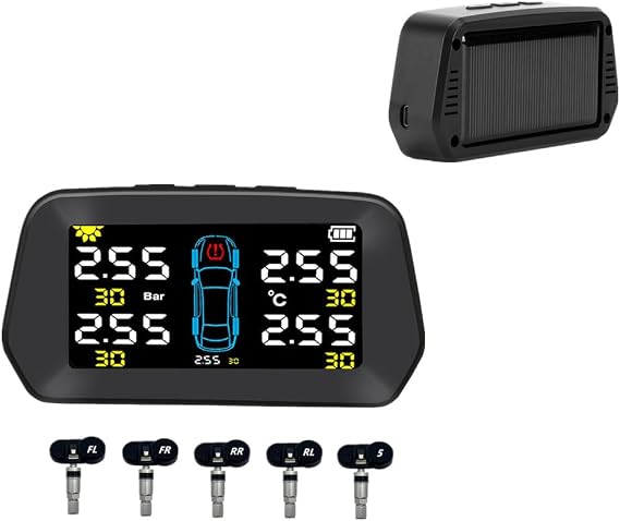 Newest Smart TPMS 0.01Bar Accuracy Tyre Pressure Monitoring System Solar Charging 7-Alarm Modes Auto Sleep/Work Tire Position Exchange 5-Built in Sensors (0-116PSI)