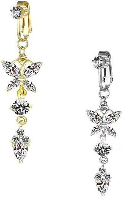 gofidin 2PCS Fake Belly Ring Fake Belly Piercing Button Ring Fake Belly Button Piercing Clip on Belly Button Rings Butterfly Heart Silver Gold