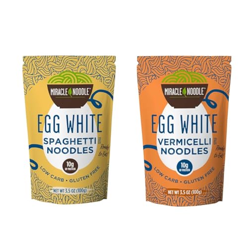 Miracle Noodle Egg White Pasta Variety Pack, 3.5 Oz Pack of 6, Spaghetti, Vermicelli Angel Hair, Ready to Eat Egg White Noodles, 10g Protein, 45 Calories, 1g Net Carbs Per Serving, High Protein, Keto, Gluten-Free