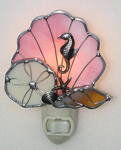 na Sea Shell Night Light Stained Glass with Seahorse, Sand Dollar, Starfish Design Coastal Nightlight with 5W Bulb Plug-in Accent Light by Juhlin Glass Studio - 1Piece