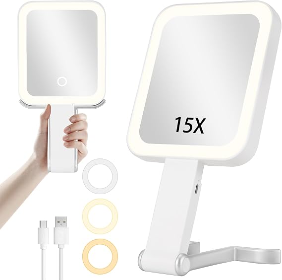 DECLUTTR Travel Makeup Mirror with Lights, Rechargeable 15X/1X Double-Sided Magnifying Mirror with 3 Color Lights, Brightness Adjustable, Portable Handheld Mirror Tabletop, Gift for Women