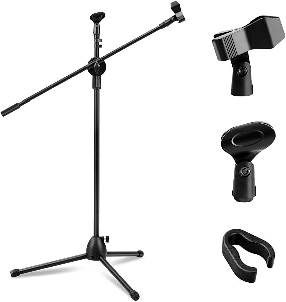 Adjustable Boom Mic Stand Tripod with Dual Mic Clips Black | Microphone Holder 73-175cm adjustable boom arm foldable steel tripod stable support for stage studio podcast karaoke