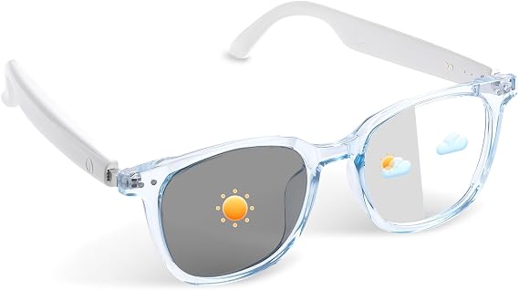 Bluetooth Glasses, Photochromic Lenses, Open-Ear Speakers, Touch Control, Hands-Free Calls & Music, Smart Glasses for Outdoor Activities, Walk, Travel,Work (Transparent Blue Frame)