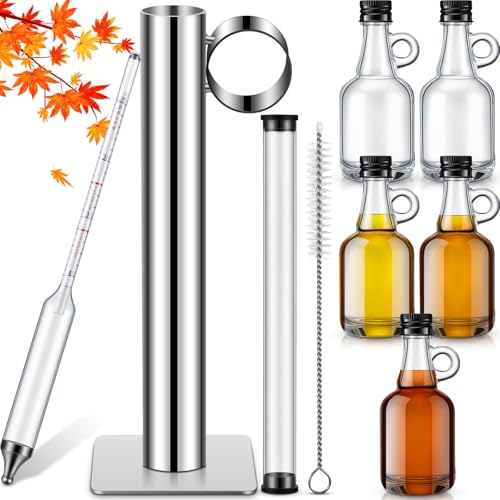 Maple Syrup Hydrometer Test Cup Kit Maple Syrup Density Kit Stainless Steel Hydrometer Measure Sugar Content with 5 Glass Bottle Cleaning Brush Easy to Read Accurate Set for Making Collecting
