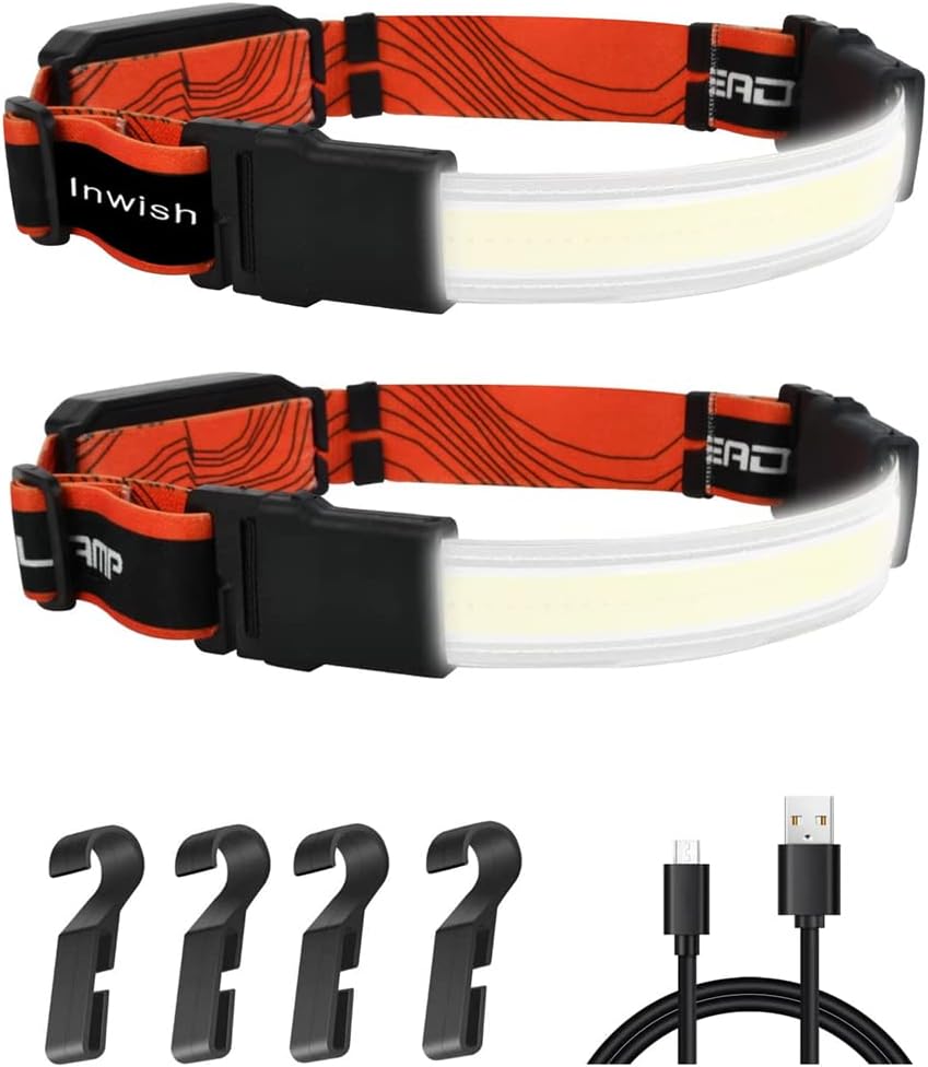 Hard Hat Light Headlamp, COB Strip Rechargeable Wide Beam Light, 2 Pack LED Headband with Red Light Option Head Lamps to Wear, 210° Wide Beam, 1000 Lumen for Running Camping Hiking 2