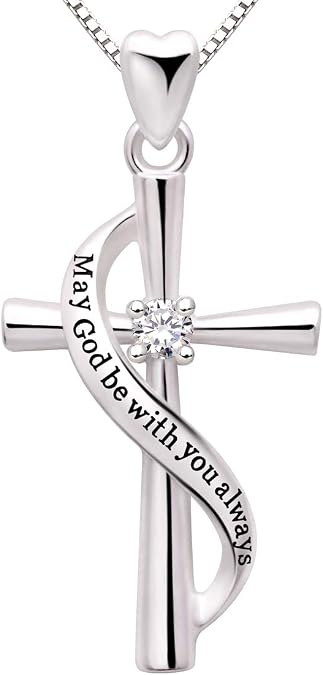 ALOV Jewelry Sterling Silver May God be with You Always Cubic Zirconia Cross Pendant Necklace