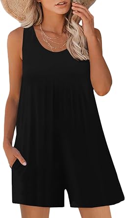 Nfsion Womens Summer Casual Sleeveless Rompers Tank Crewneck Wide Leg Loose Shorts Jumpsuit Overalls with Pockets