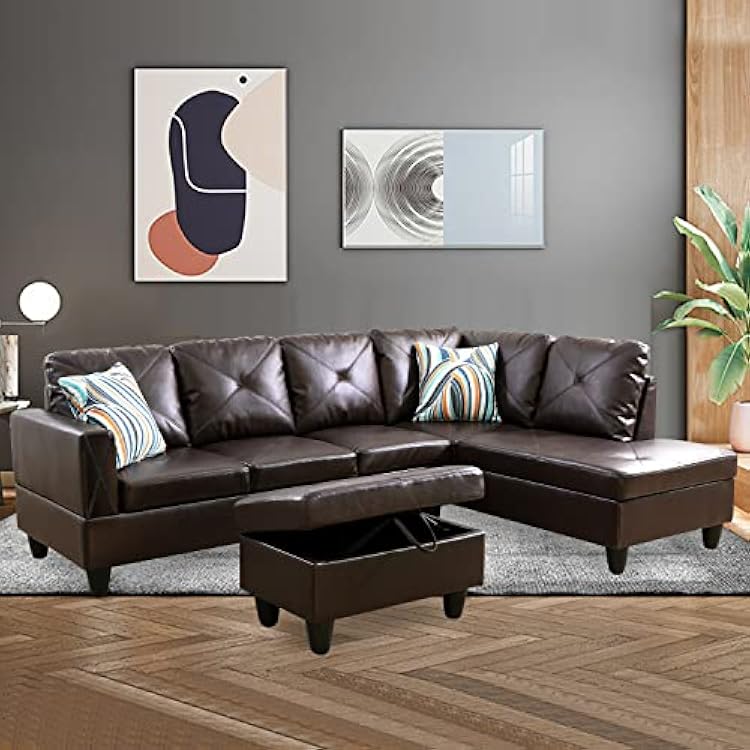 L Shaped Sectional Sofa Set 97 Wide Faux Leather Couch Set, Small Sofa Chaise with Extra Storage Ottoman for Living RoomApartmentOffice Right-Hand FacingBrown