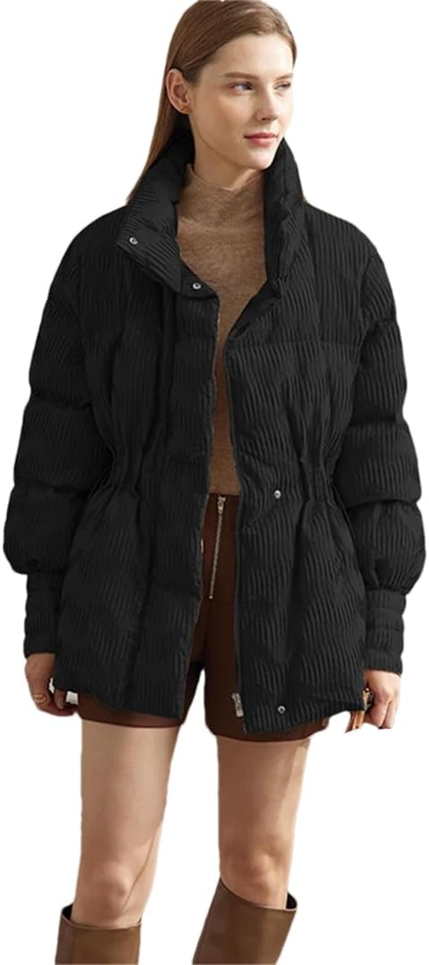 ERFMFKL Women Puffer Coat Lightweight Stand Collar Warm Outerwear Long Sleeves Zippers Jackets