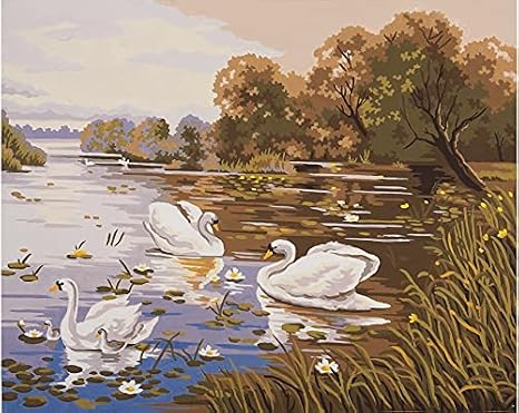 Collection D'Art Printed Canvas for Cross Stitch Tapestry Embroidery Gobelin Needlepoint (Swans 11591)