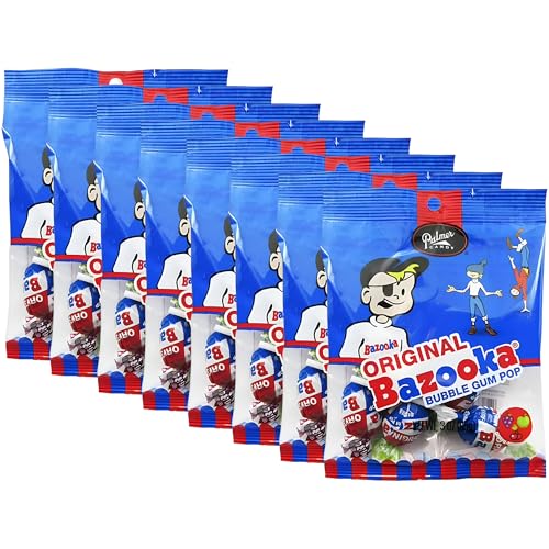 Bazooka Original Bubble Gum Pops Assorted Flavors, 8 Pack Nostalgic Candy Lollipops, 3 oz