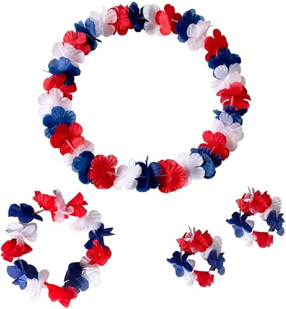 Red White Blue Flower Leis 4th of July Decorations Leis Memorial Day Party Favors Supplies 4 Pcs Patriotic Flower Leis Independent Day Headbands and Elastic Wristbands Necklaces