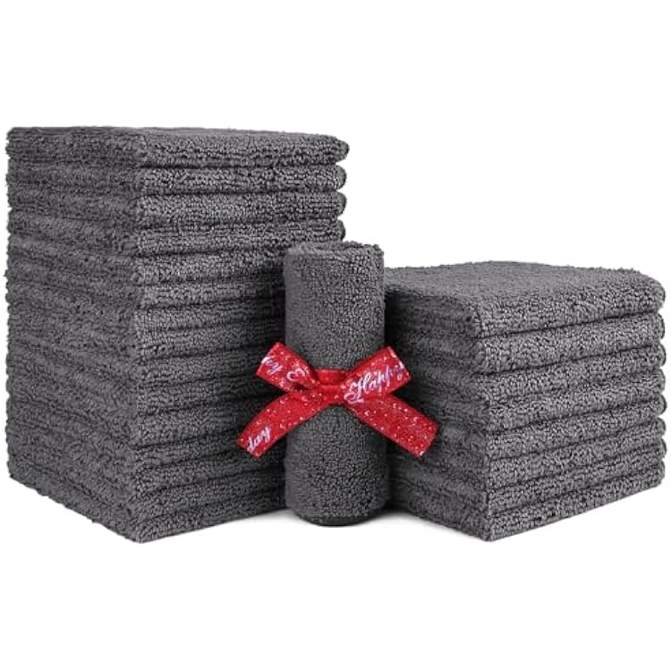 HOMEXCEL Microfiber Washcloths 24 Pack, Highly Absorbent and Soft Face Towel, Multi-Purpose Grey Wash Cloths for Bathroom, Hotel, Spa, Gym, and Kitchen, 12x12 Inch