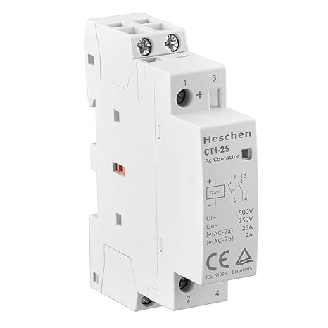 Heschen 25A 2 Pole Modular AC Contactor CT1-25, 24V DC Coil | 2NO (Normally Open), 35mm DIN Rail Mount, TuV Listed Reliable Relay for Household Lighting, HVAC & Low-Inductance Loads