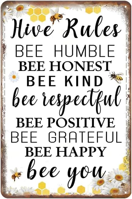 YOYI ART Bee Decor Hive Rules Sign - Metal Signs for Outside, Patio, Hives, Farmhouse, Bee Garden Wall Decor Accessories, 8 x 12 inch
