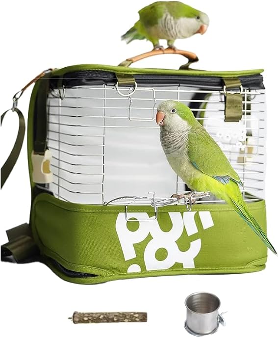 Portable Bird Travel Cage Backpack Durable Stainless Steel Mesh Carrier with Stand/Tray, for Parrots, Cockatiels, Conures, and Parakeets Perfect for Outdoor Adventures (Green)