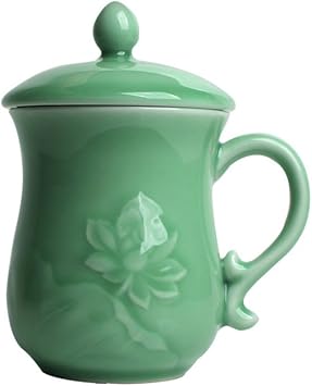 Celadon 11oz Teacups with Lid and Coffee Mugs Embossed with Lotus (Green)