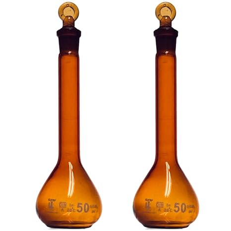 50ml Volumetric Flask, 3.3 Boro Glass, Class A, Ground Stopper, Amber, Karter Scientific (Pack of 2)