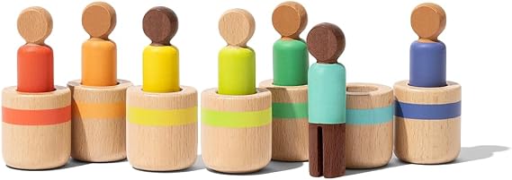 Lovevery Post & Play Peg People Baby Toy, 7 Wooden Peg Doll Practice Color Matching, Stacking, and Balancing, Ages 13 Months +