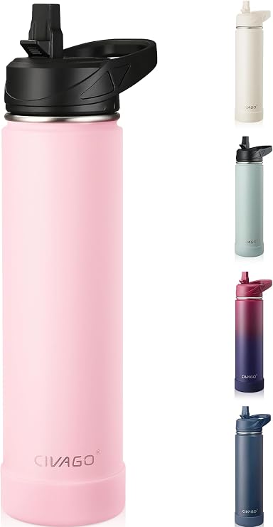 CIVAGO Insulated Stainless Steel Water Bottle with Straw, 750ml Metal Sports Drink Bottle with Handle, Travel Thermal Flask Cup for Gym and Hiking, Pink