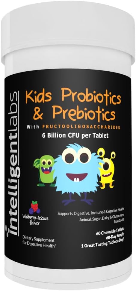 Kids Probiotics 6B CFU & Prebiotics for Gut Health, 60-day supply | Chewable Tablets for Daily Immune System Support. Wildberry Flavor & Gluten-Free. With PHGG & FOS. No Refrigeration Needed