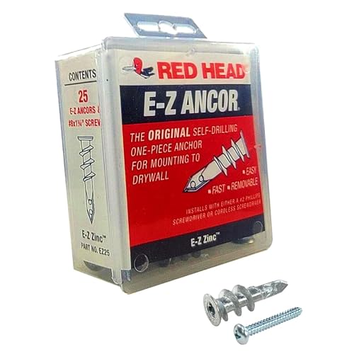 25 Qty Red Head EZ Ancor Zinc Metal Self Drilling Drywall Anchors with Screws | Up to 75 Lbs | EZ25