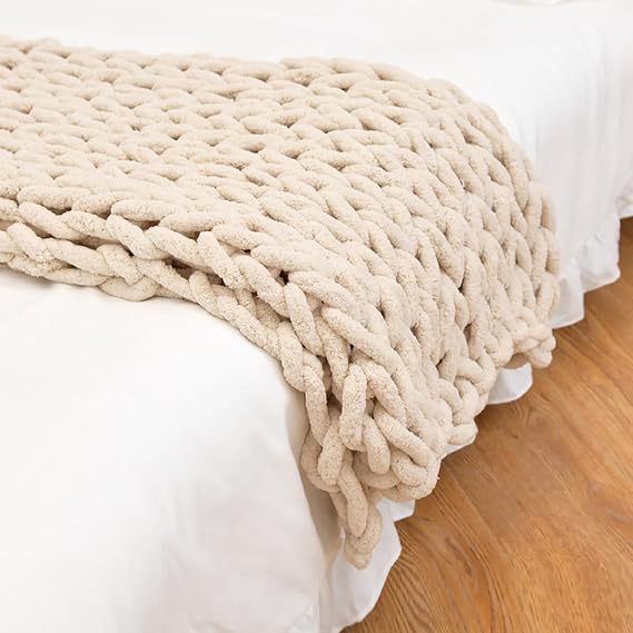 Chunky Maglia Coperta Gettare,Chunky Knit Blanket Throw, Thick Soft Chenille Yarn Throw, Warm Handmade Rope Knot Blanket for Couch Sofa Bed,Off White,50 * 50 cm