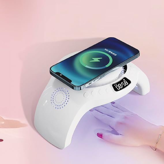 5 in 1 mutifunction Mobile Wireless Charger with Bluetooth Speaker, UV Nail Lights, Clock Alarm,Night Light