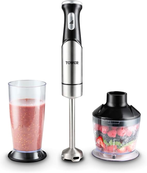 Tower 3-in-1 Hand Blender with 1200W Motor, Pressure Controlled Speed Settings, Stainless Steel Blades, Food Chopper & 800ml Beaker, Stainless Steel, T12099