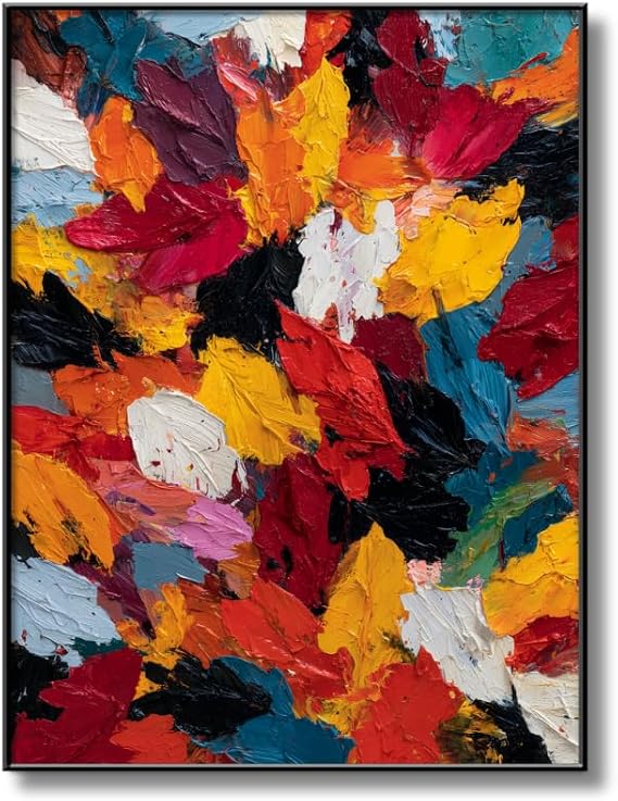 Vibrant Oil Painting Abstract Canvas Wall Art, Colorful Textured Modern Decor for Living Room, Bedroom (Black, 23" W x 31" L / 60x80cm, Framed)