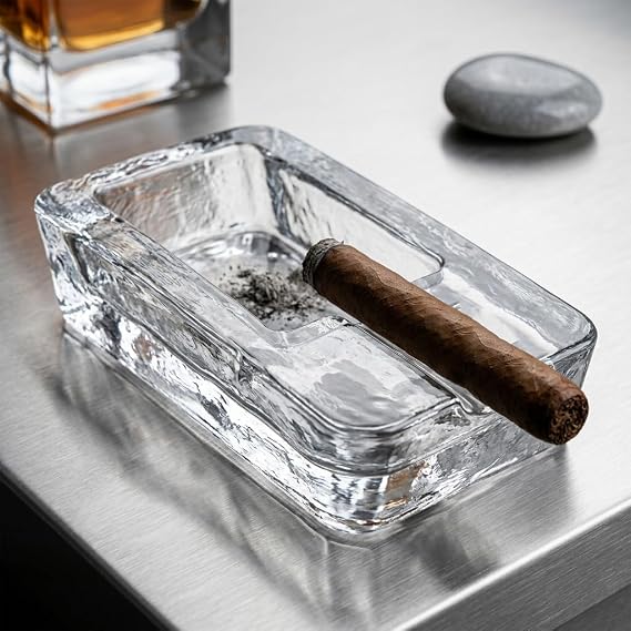 Deconox Mia Model El Yapımı Cam Puro Küllüğü - Dökme Cam Şeffaf Dikdörtgen Lüks Puro Tablası (17x9x4 cm)